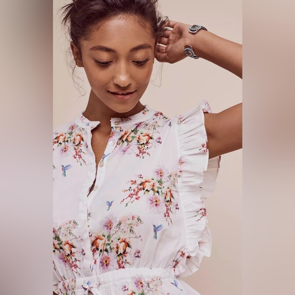 Floral Ruffle Sleeve Blouse - White/Pastel